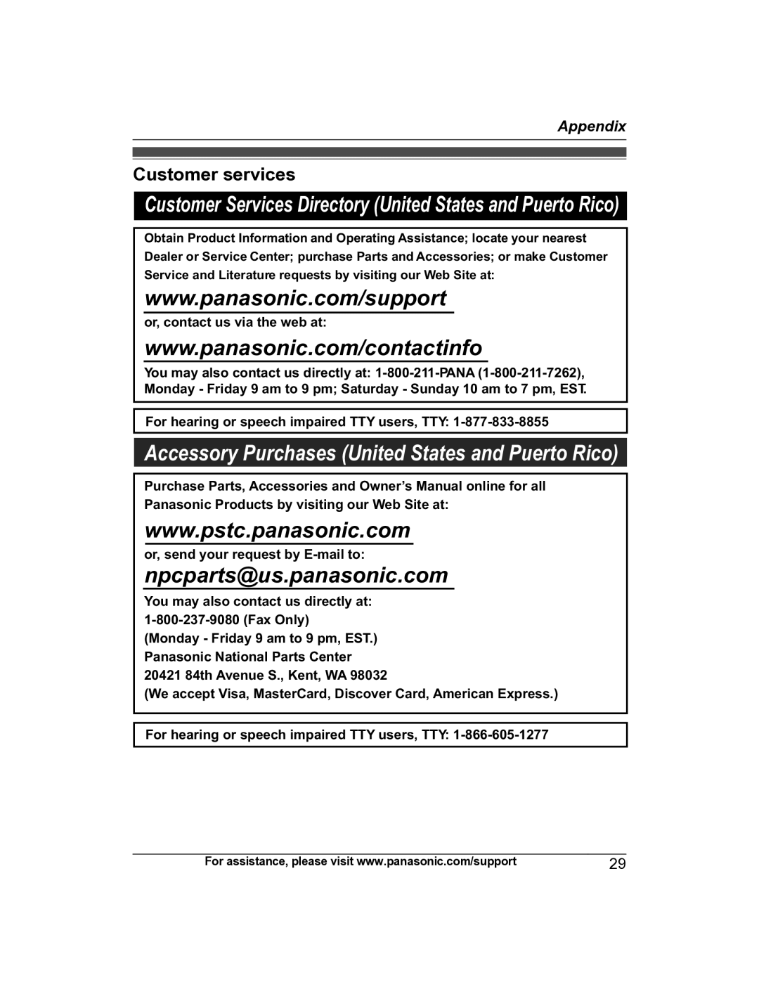 Panasonic KX-HNC600 manual Customer services, Or, contact us via the web at, For hearing or speech impaired TTY users, TTY 