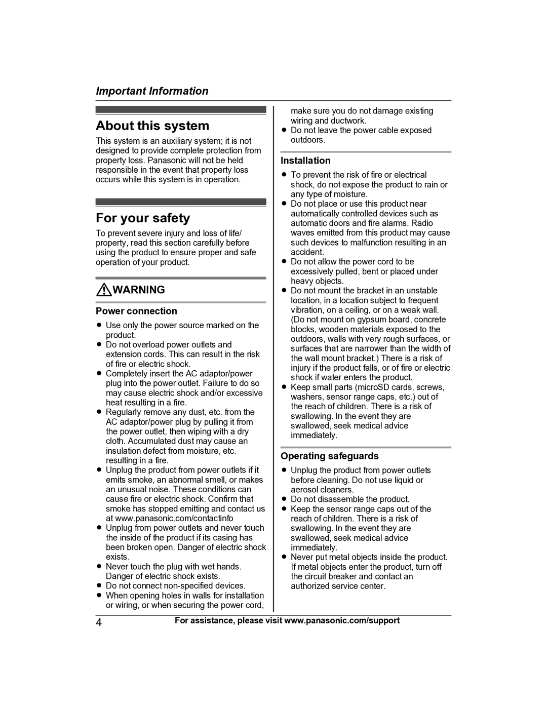 Panasonic KX-HNC600 manual About this system, For your safety, Power connection, Installation, Operating safeguards 