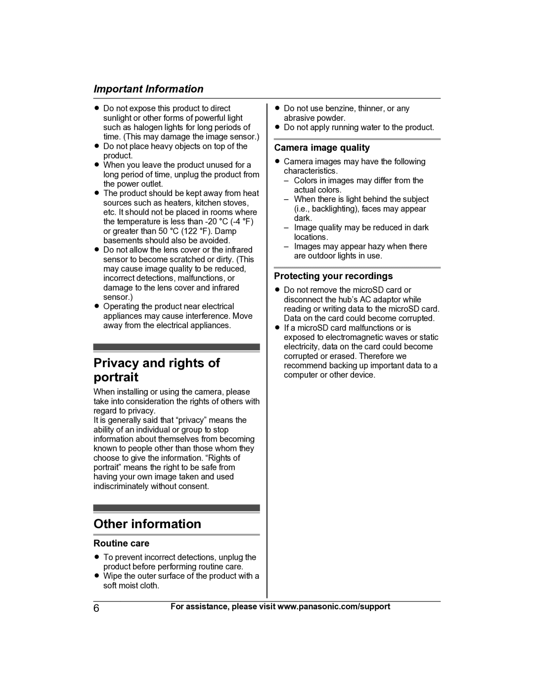 Panasonic KX-HNC600 manual Privacy and rights of portrait, Other information, Routine care, Camera image quality 