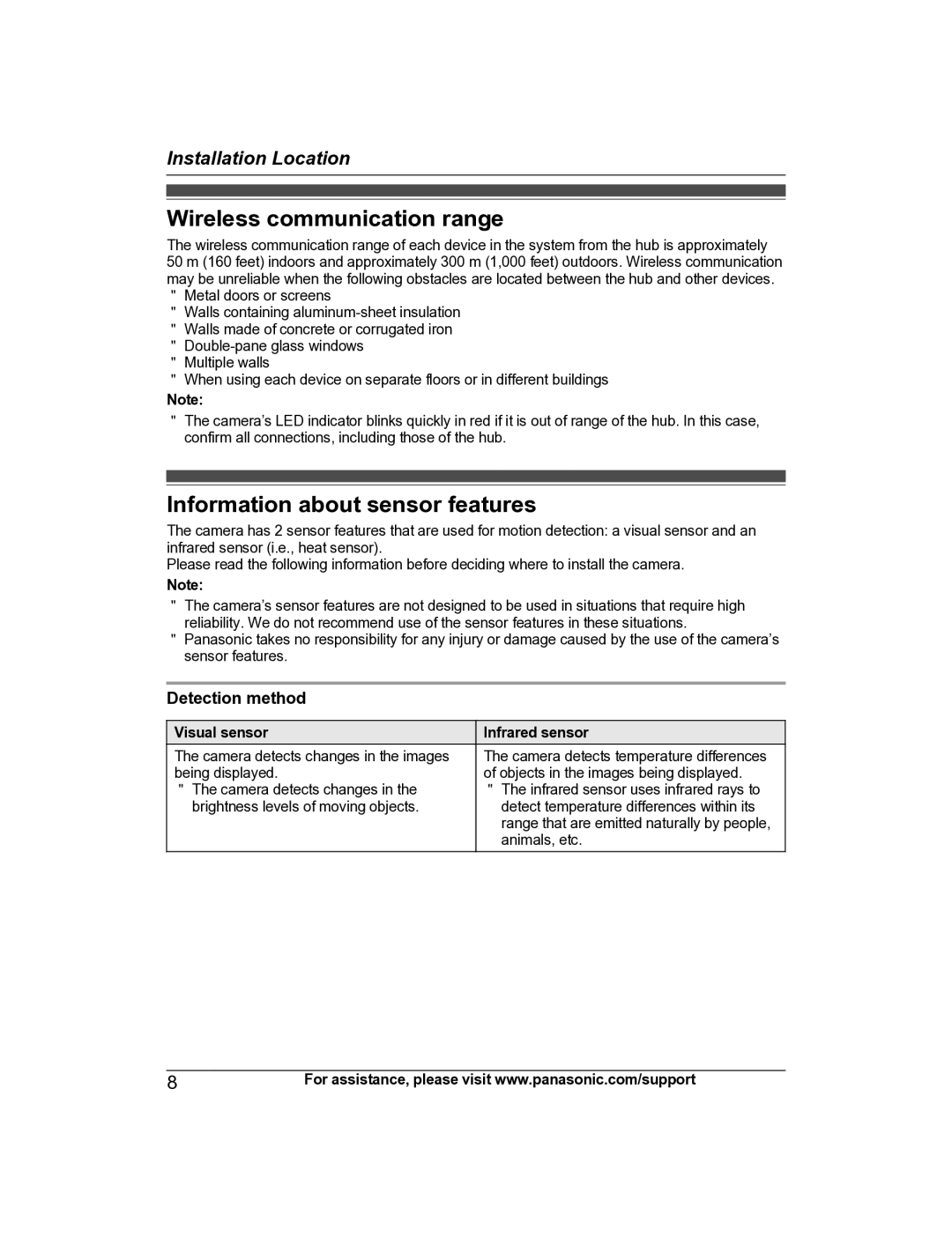 Panasonic KX-HNC600 manual Wireless communication range, Information about sensor features, Detection method, Visual sensor 