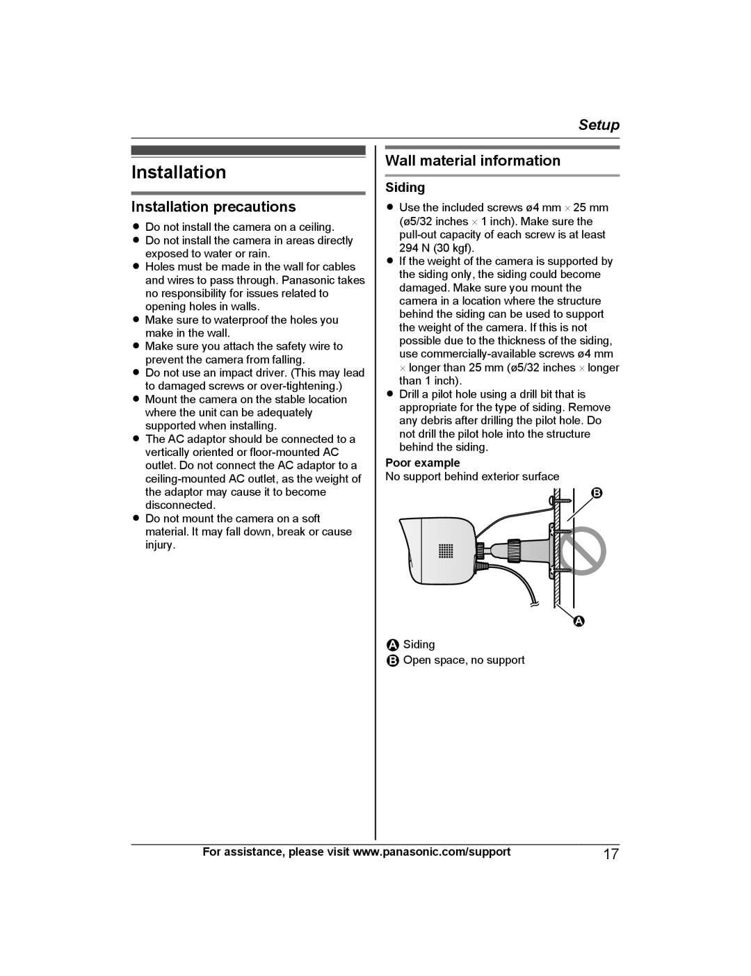 Panasonic KX-HNC600 manual Installation precautions, Wall material information, Setup 