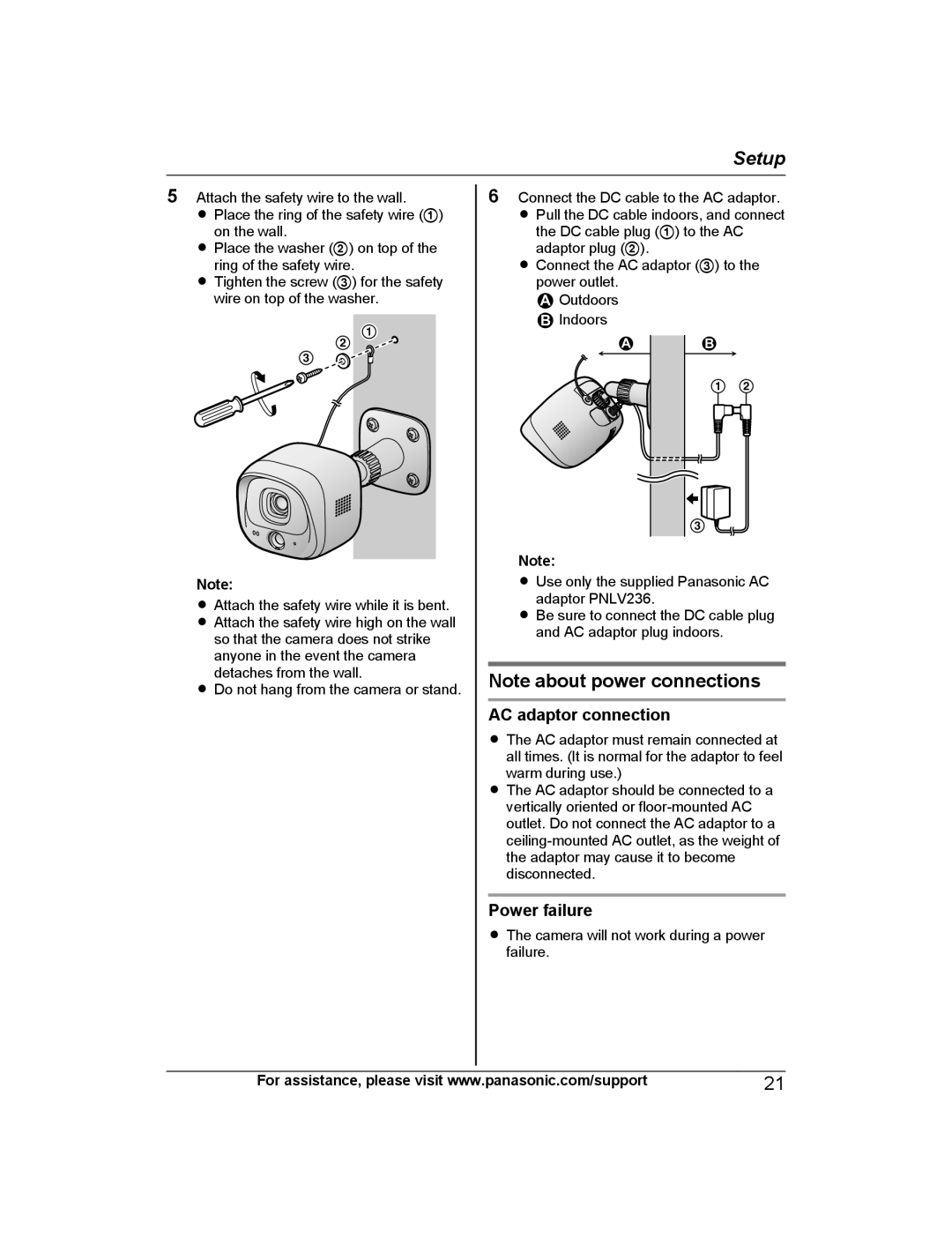 Panasonic KX-HNC600 manual Note about power connections, Setup, AC adaptor connection, Power failure 