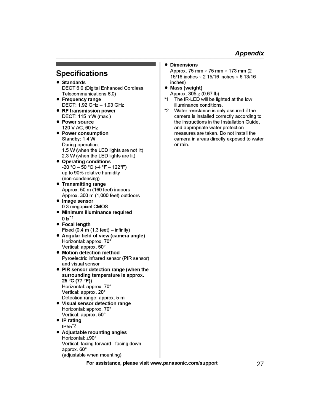 Panasonic KX-HNC600 manual Specifications, Appendix 