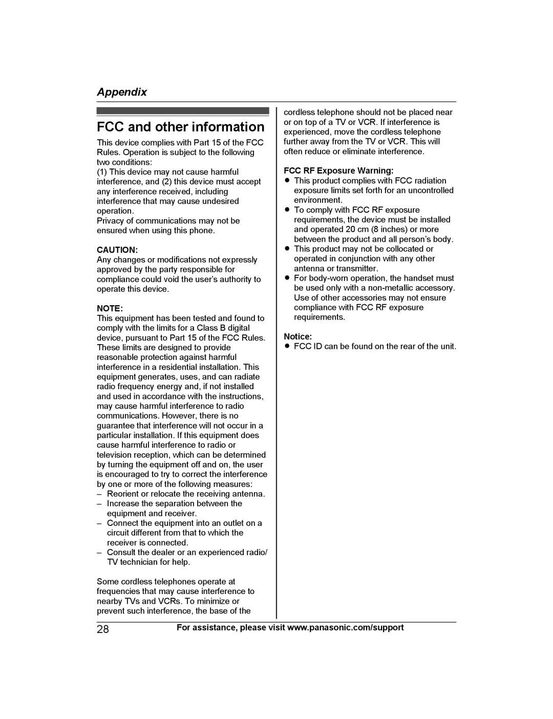 Panasonic KX-HNC600 manual FCC and other information, Appendix, FCC RF Exposure Warning 