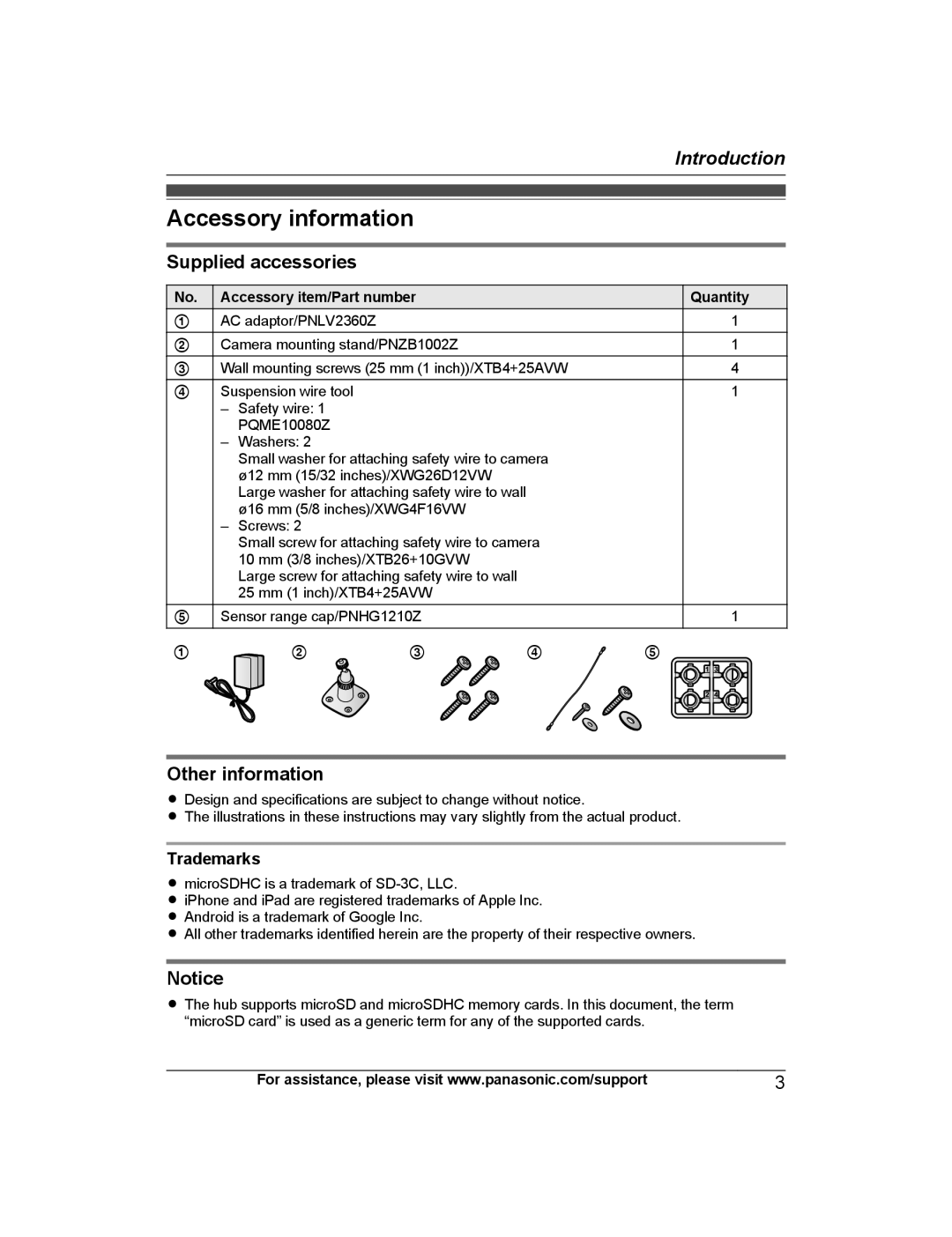 Panasonic KX-HNC600 manual Accessory information, Introduction, Supplied accessories, Other information 