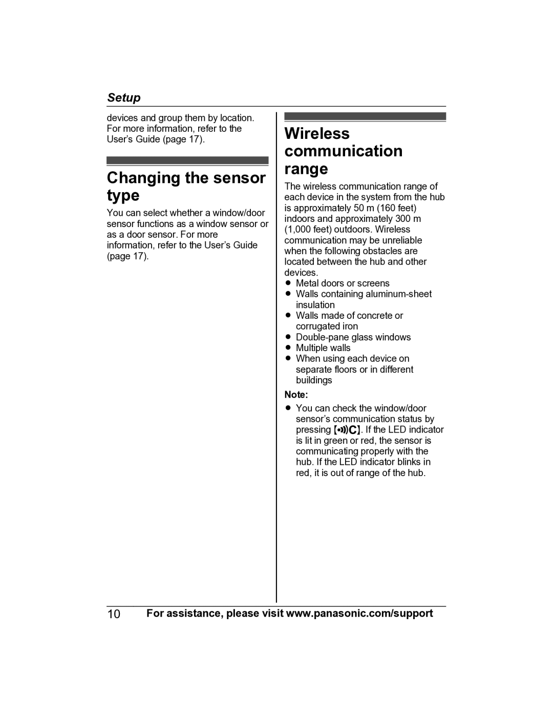 Panasonic KX-HNS101 manual Changing the sensor type, Wireless communication range 