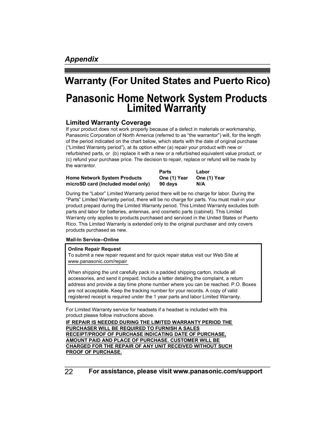 Panasonic KX-HNS101 manual Warranty For United States and Puerto Rico, Limited Warranty Coverage 