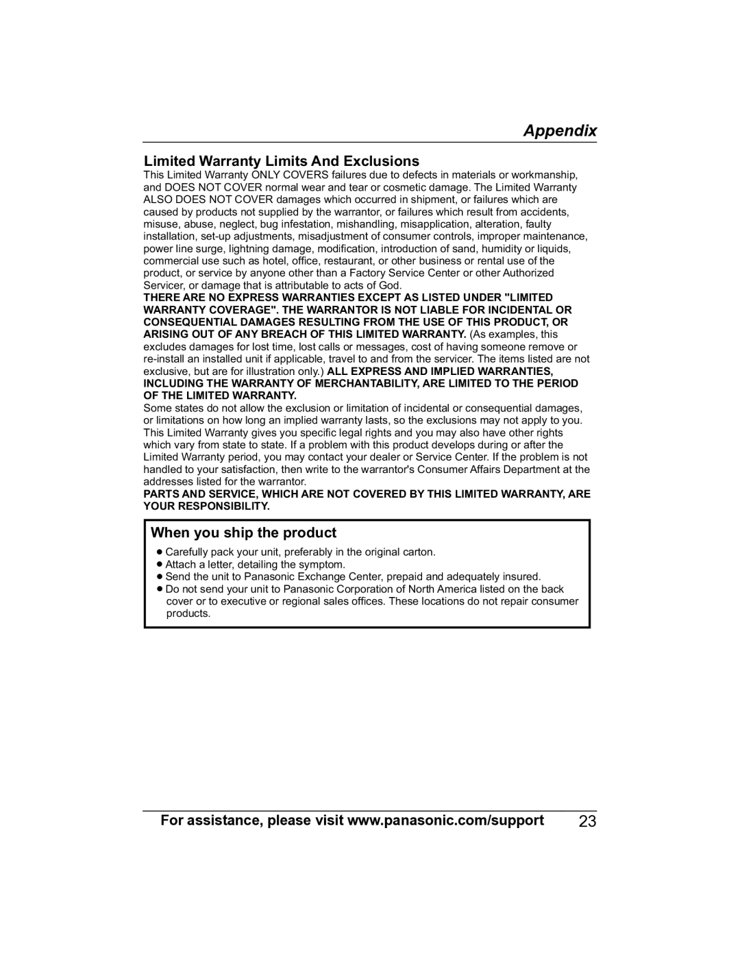 Panasonic KX-HNS101 manual Limited Warranty Limits And Exclusions, When you ship the product 