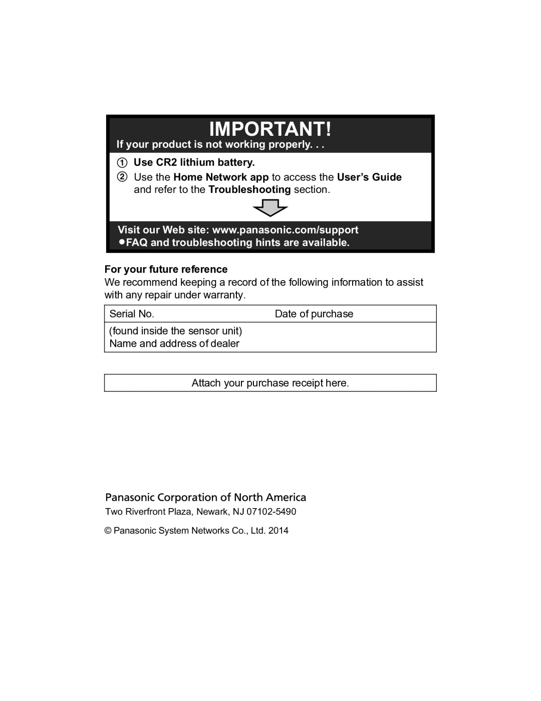 Panasonic KX-HNS101 manual If your product is not working properly, For your future reference 