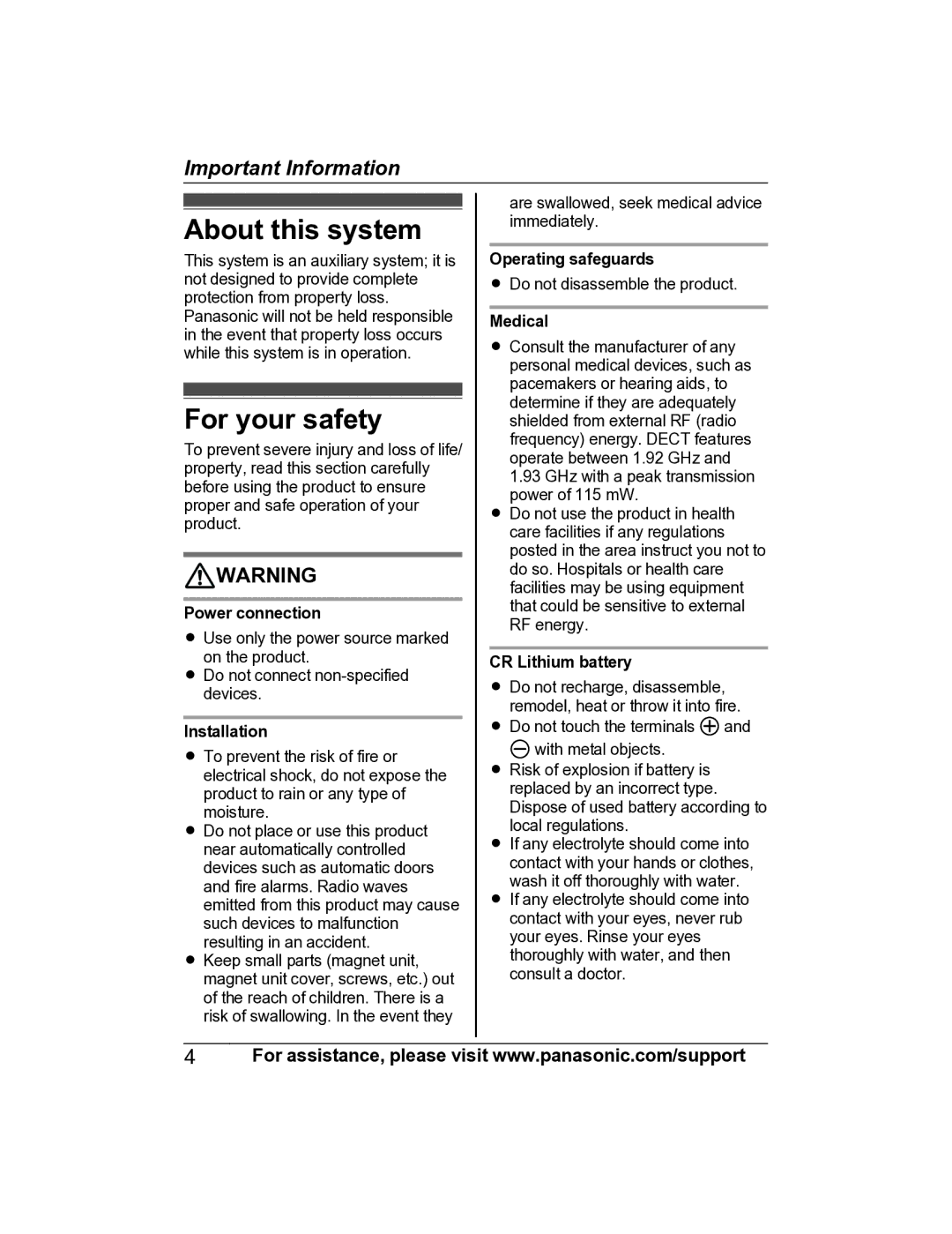 Panasonic KX-HNS101 manual About this system, For your safety 