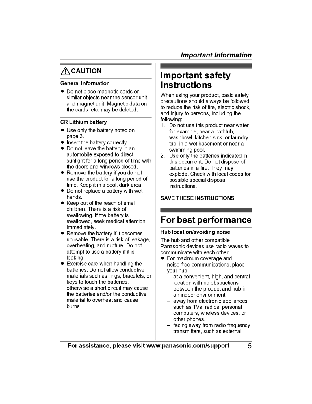 Panasonic KX-HNS101 Important safety instructions, For best performance, General information, Hub location/avoiding noise 