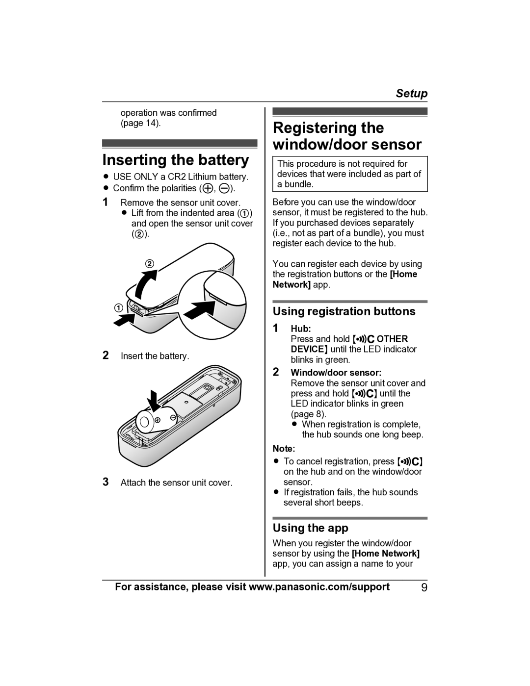 Panasonic KX-HNS101 Inserting the battery, Registering the window/door sensor, Using registration buttons, Using the app 