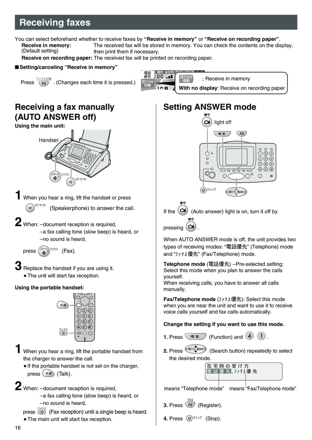 Panasonic KX-L5CW, KX-L5CL specifications Receiving faxes, Receiving a fax manually Auto Answer off, Setting Answer mode 