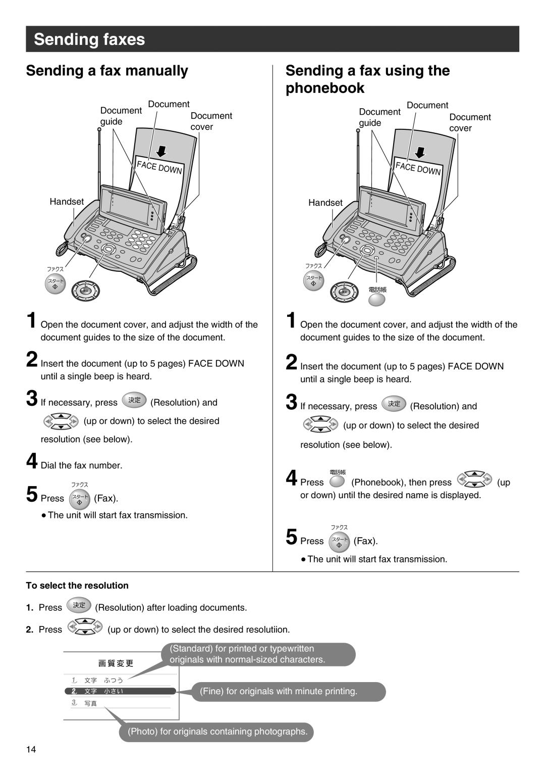 Panasonic KX-L6CL Sending faxes, Sending a fax manually, Sending a fax using the phonebook, To select the resolution 