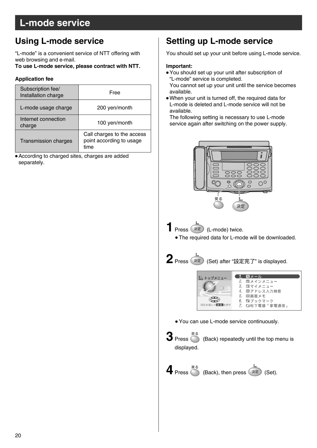 Panasonic KX-L6CL specifications Mode service, Using L-mode service, Setting up L-mode service 