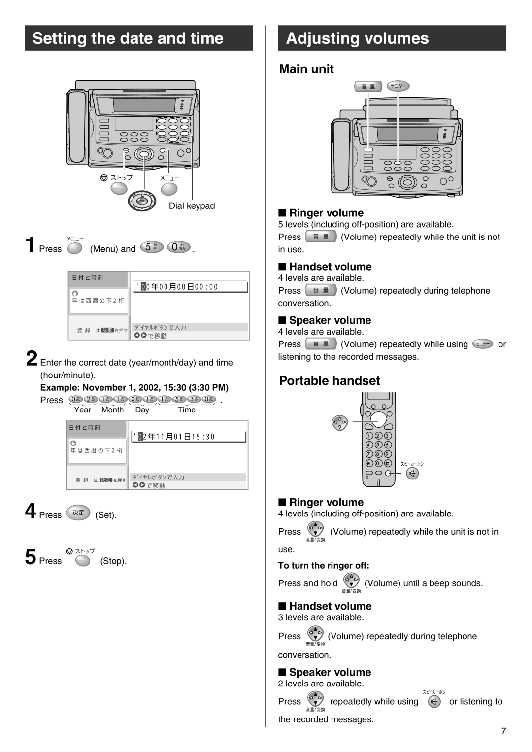 Panasonic KX-L6CL specifications Setting the date and time, Adjusting volumes, Example November 1, 2002, 1530 330 PM 