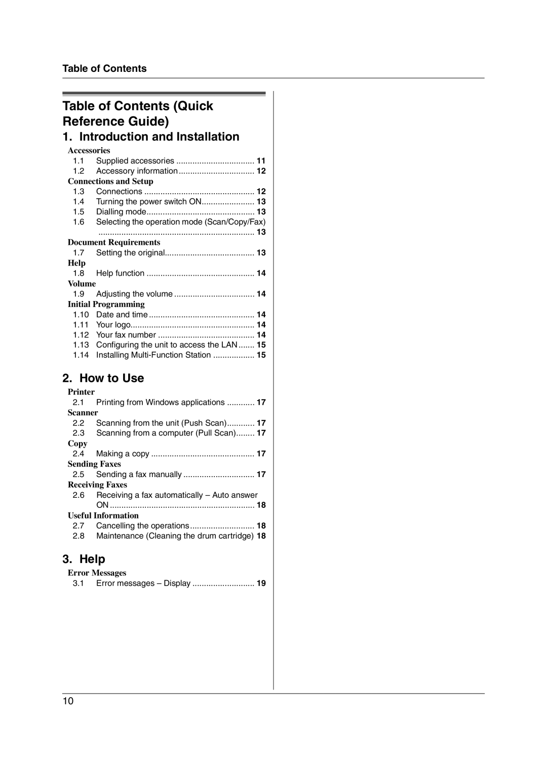 Panasonic KX-MC6020CX operating instructions Table of Contents Quick Reference Guide 