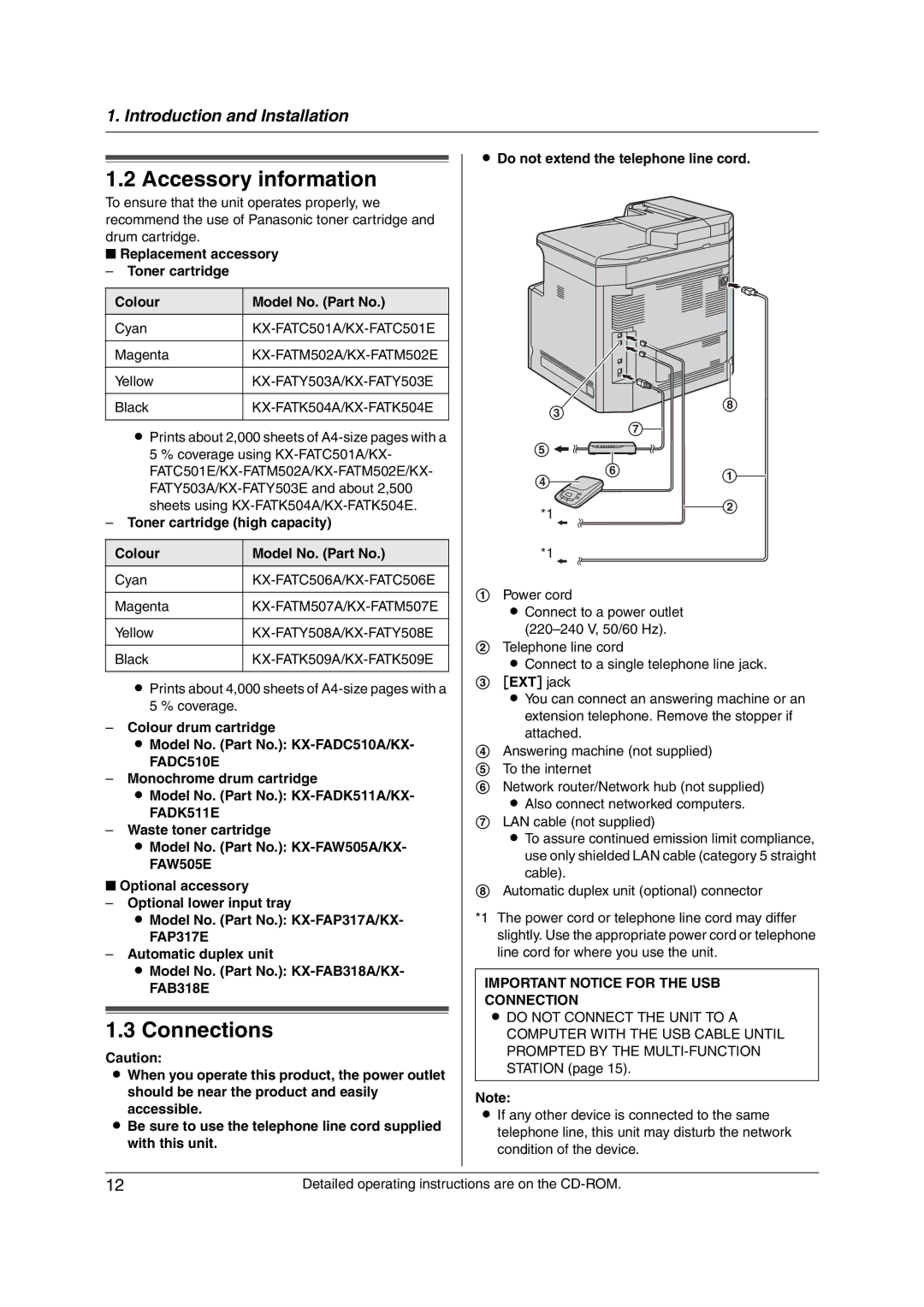 Panasonic KX-MC6020CX Accessory information, Connections, Toner cartridge high capacity Colour Model No. Part No 