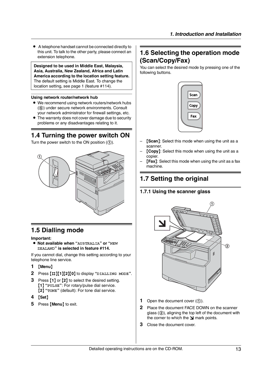 Panasonic KX-MC6020CX Turning the power switch on, Dialling mode, Selecting the operation mode Scan/Copy/Fax 