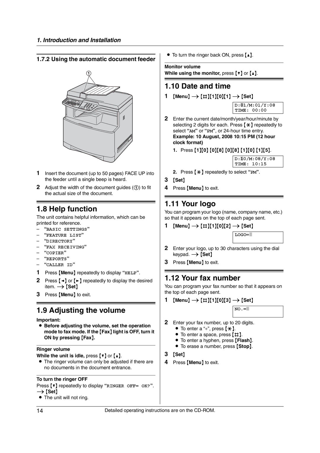 Panasonic KX-MC6020CX operating instructions Help function, Adjusting the volume, Date and time, Your logo, Your fax number 