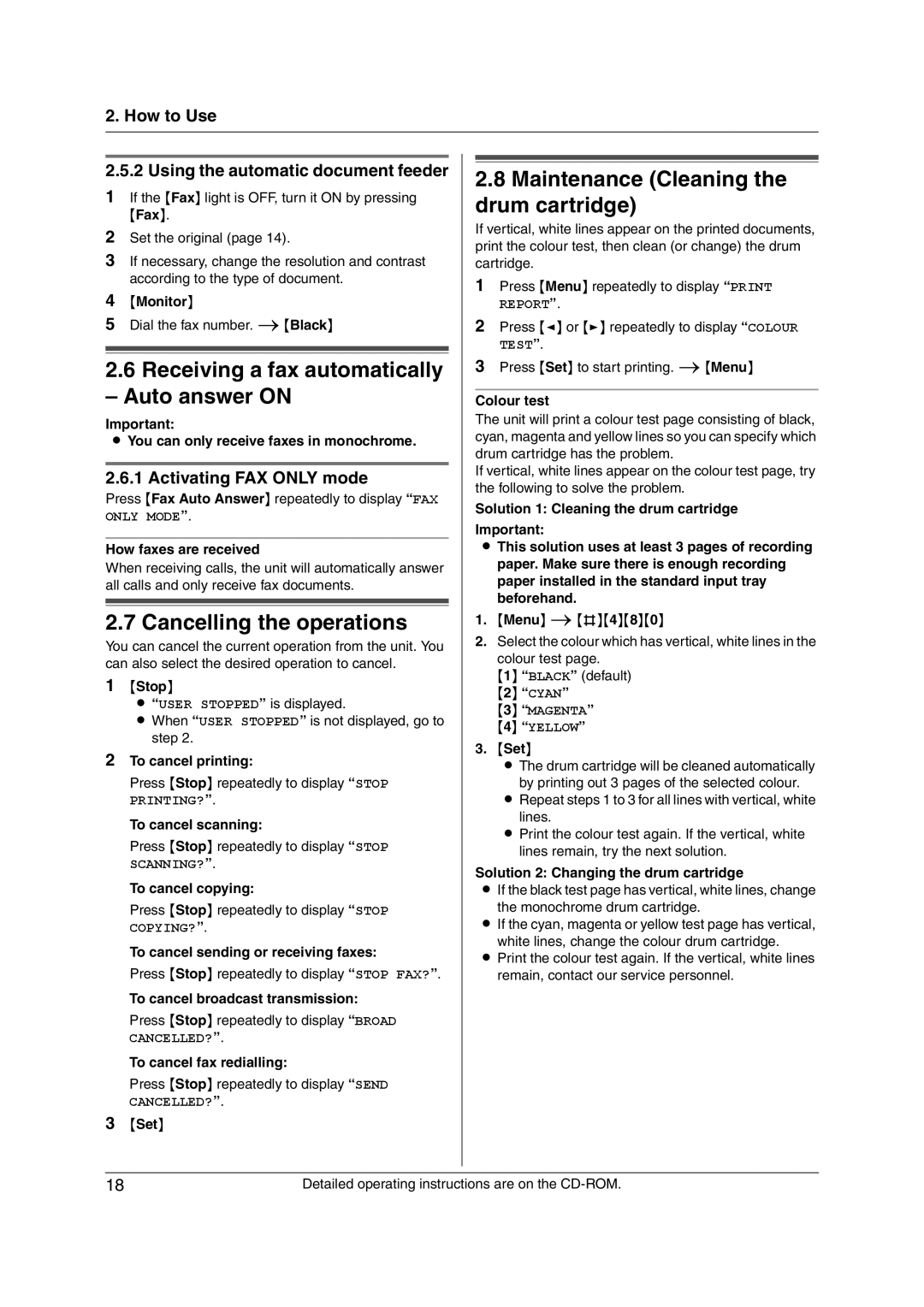 Panasonic KX-MC6020CX Receiving a fax automatically Auto answer on, Cancelling the operations, Activating FAX only mode 