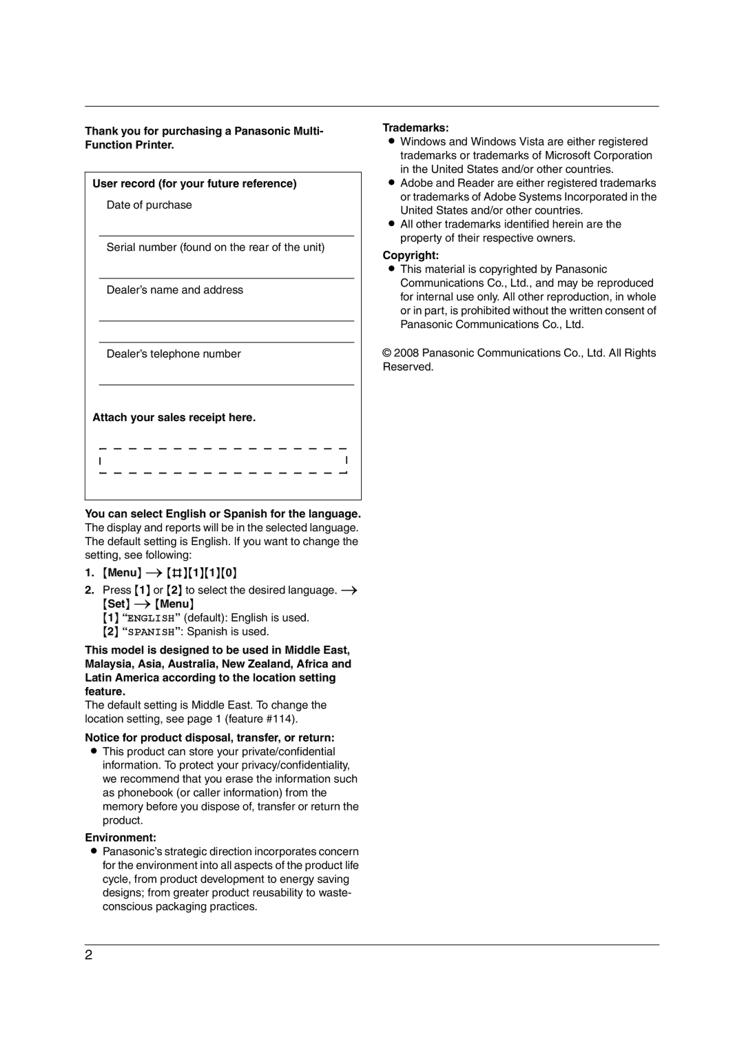 Panasonic KX-MC6020CX operating instructions Set iMenu, Environment, Trademarks, Copyright 