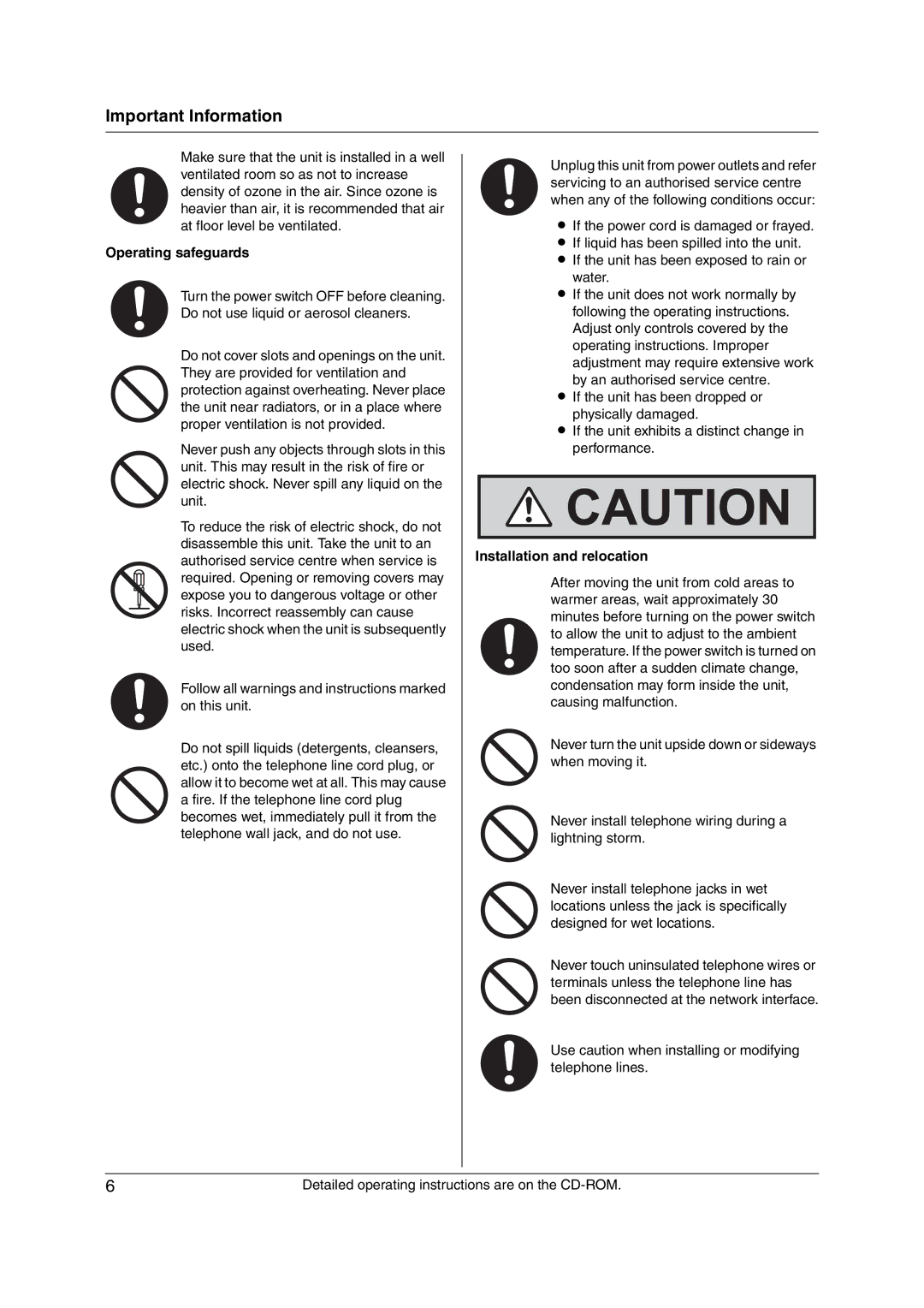 Panasonic KX-MC6020CX operating instructions Operating safeguards, Installation and relocation 