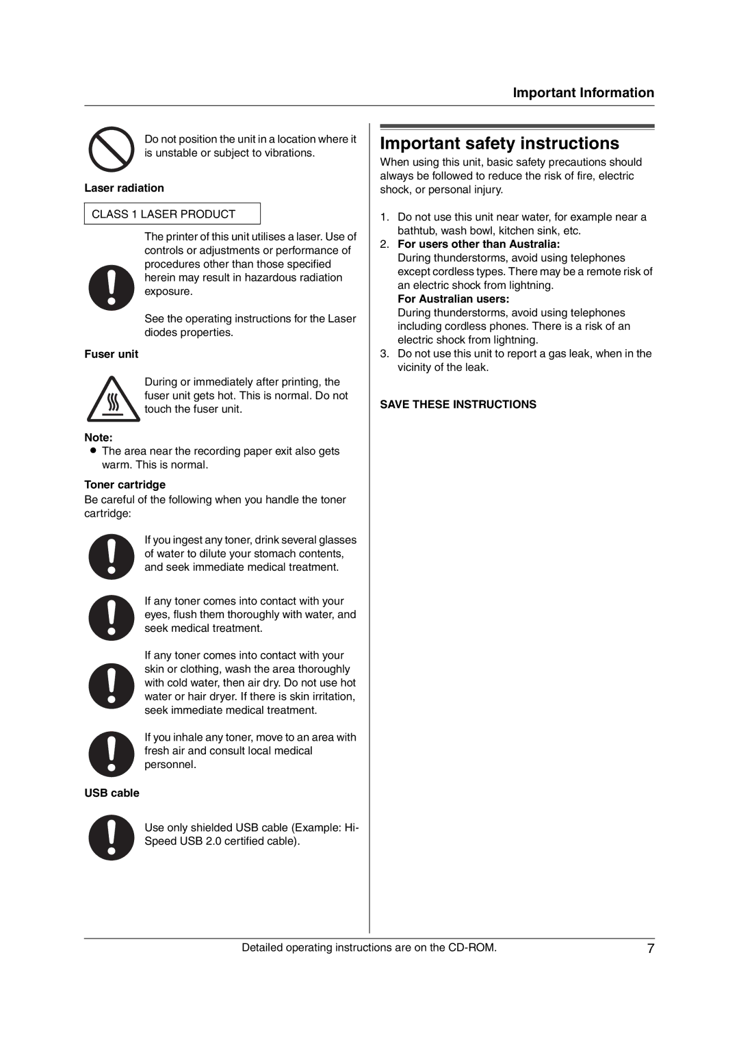 Panasonic KX-MC6020CX operating instructions Important safety instructions 