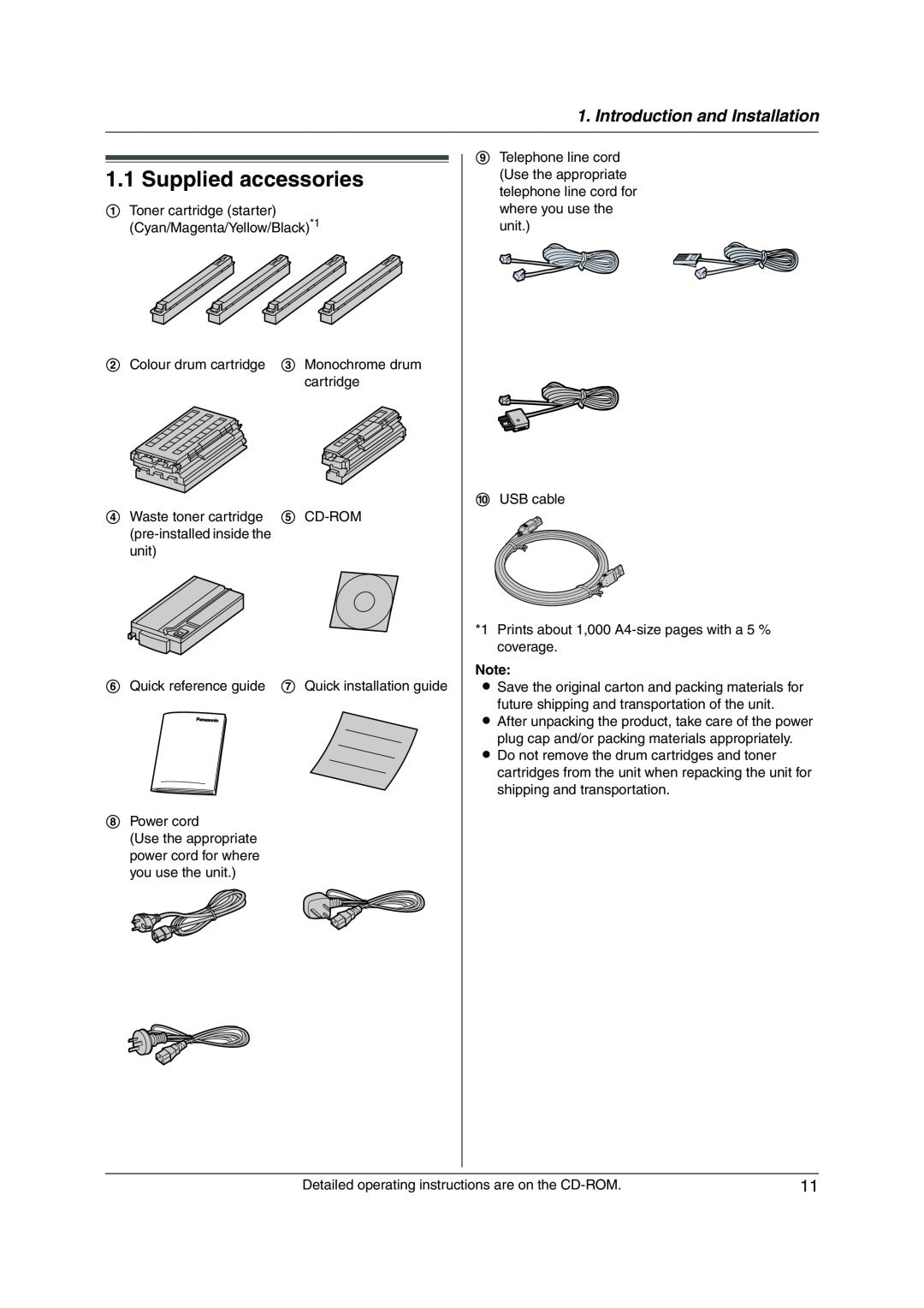Panasonic KX-MC6020CX operating instructions Supplied accessories, Introduction and Installation 