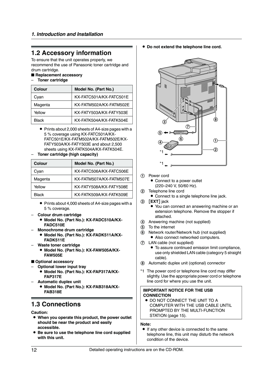 Panasonic KX-MC6020CX operating instructions Accessory information, Connections, Introduction and Installation 