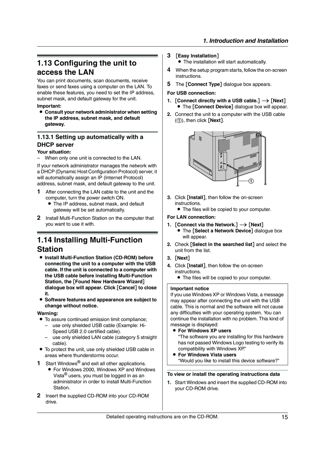 Panasonic KX-MC6020CX operating instructions Configuring the unit to access the LAN, Installing Multi-Function Station 