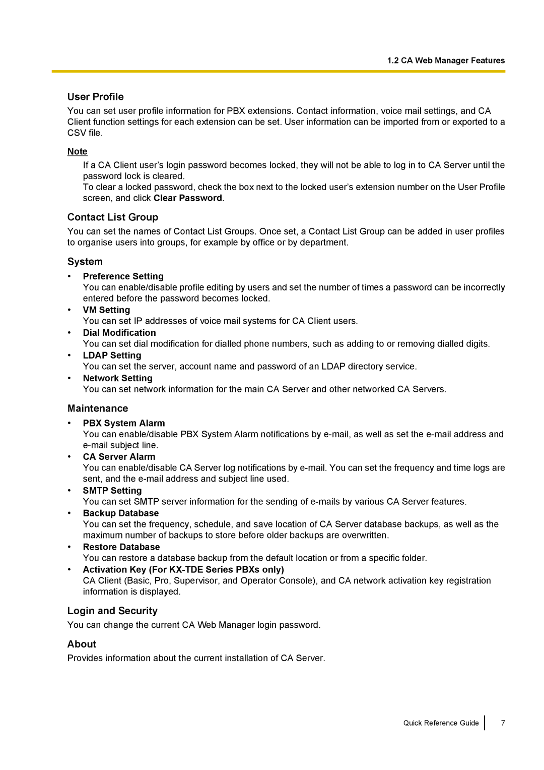 Panasonic KX-TDE, KX-NCP manual User Profile, Contact List Group, System, Maintenance, Login and Security, About 