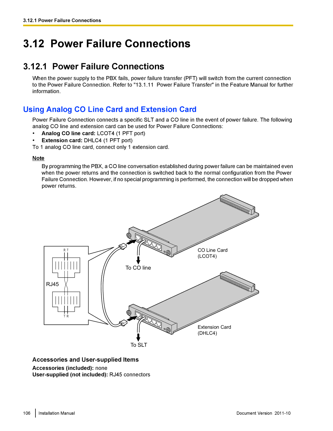 Panasonic KX-NCP500, KX-NCP1000 installation manual Power Failure Connections, Using Analog CO Line Card and Extension Card 