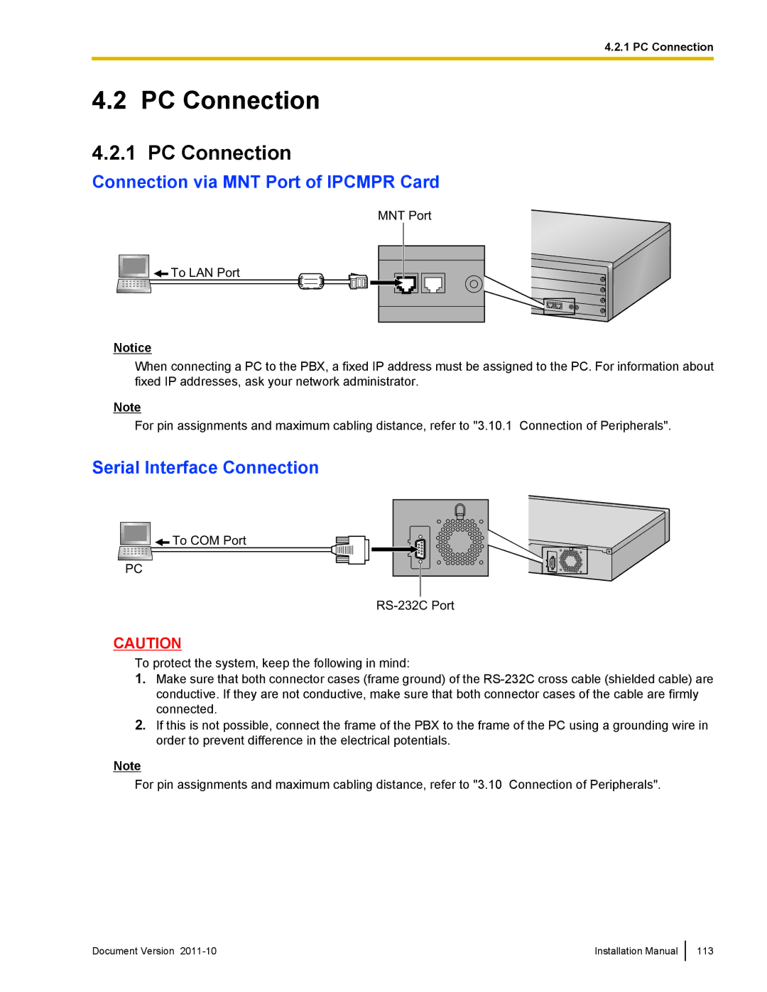 Panasonic KX-NCP1000, KX-NCP500 PC Connection, Connection via MNT Port of Ipcmpr Card, Serial Interface Connection 