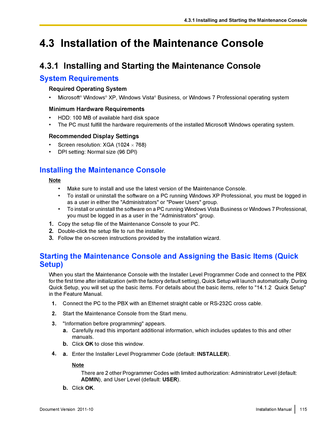 Panasonic KX-NCP1000, KX-NCP500 Installation of the Maintenance Console, Installing and Starting the Maintenance Console 