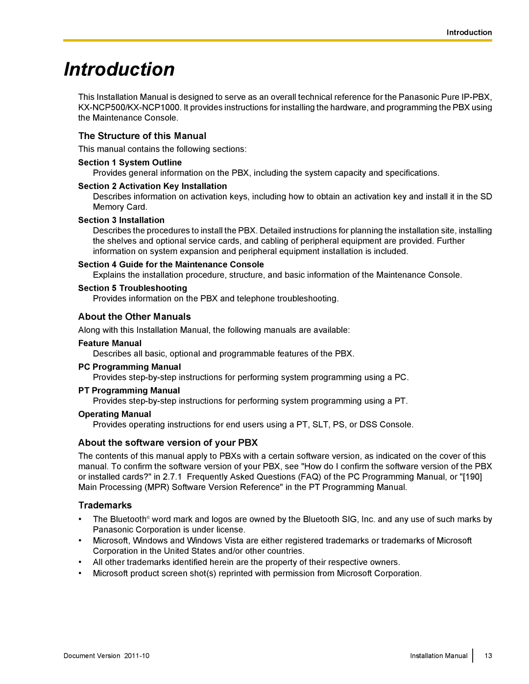 Panasonic KX-NCP1000, KX-NCP500 Introduction, Structure of this Manual, About the Other Manuals, Trademarks 