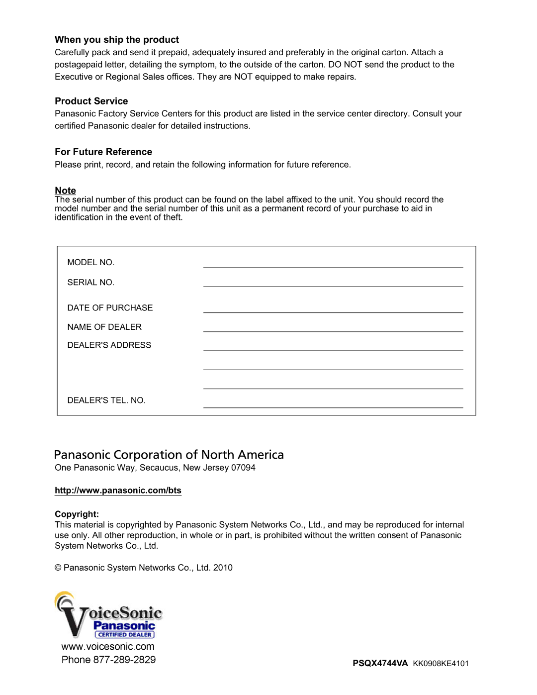 Panasonic KX-NCP500, KX-NCP1000 When you ship the product, Product Service, For Future Reference, Copyright 