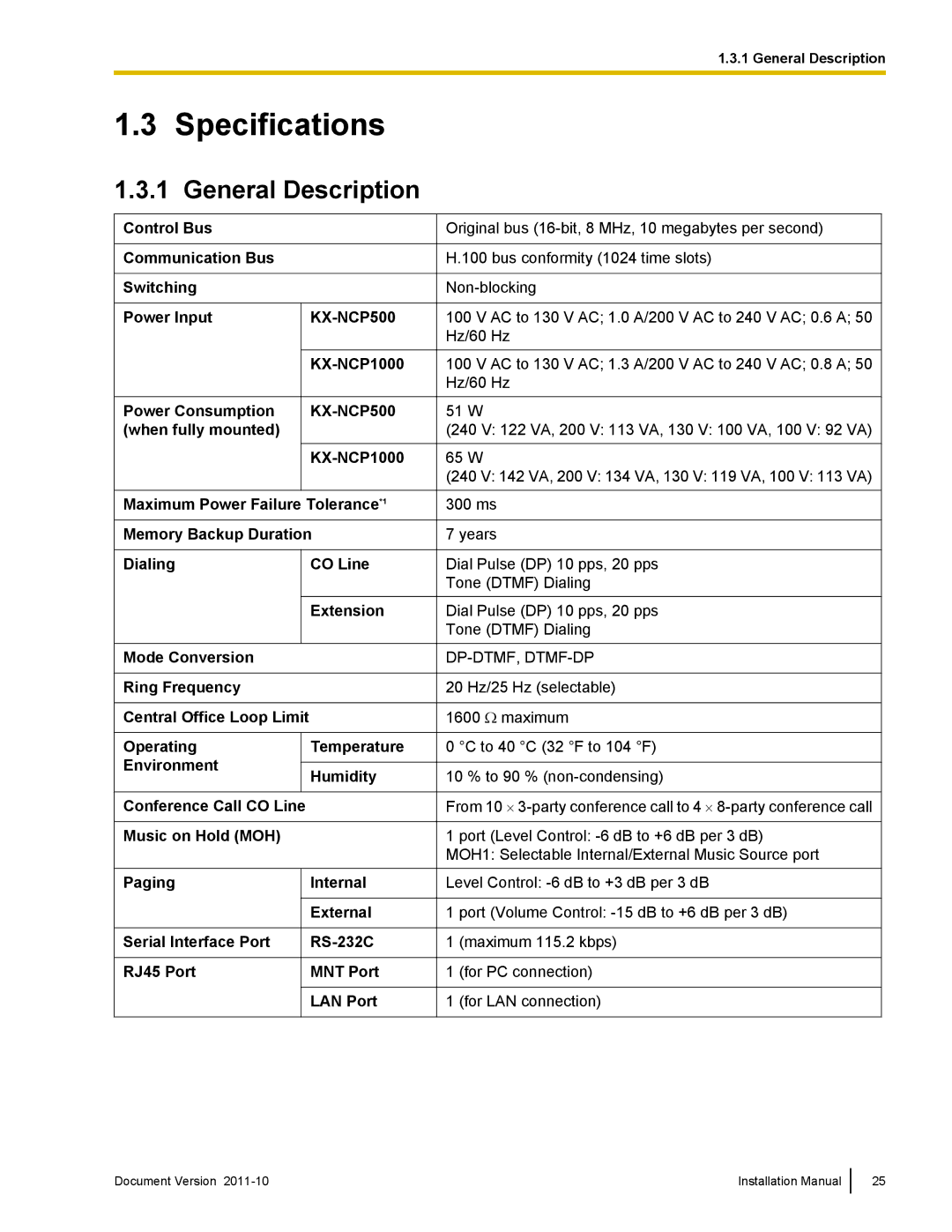 Panasonic KX-NCP1000, KX-NCP500 installation manual Specifications, General Description 