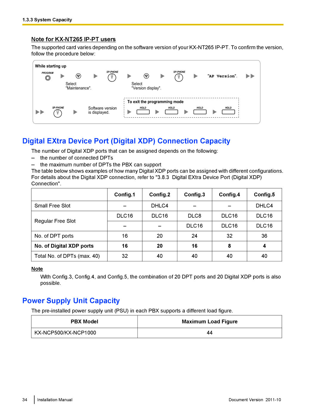 Panasonic KX-NCP500, KX-NCP1000 Digital EXtra Device Port Digital XDP Connection Capacity, Power Supply Unit Capacity 