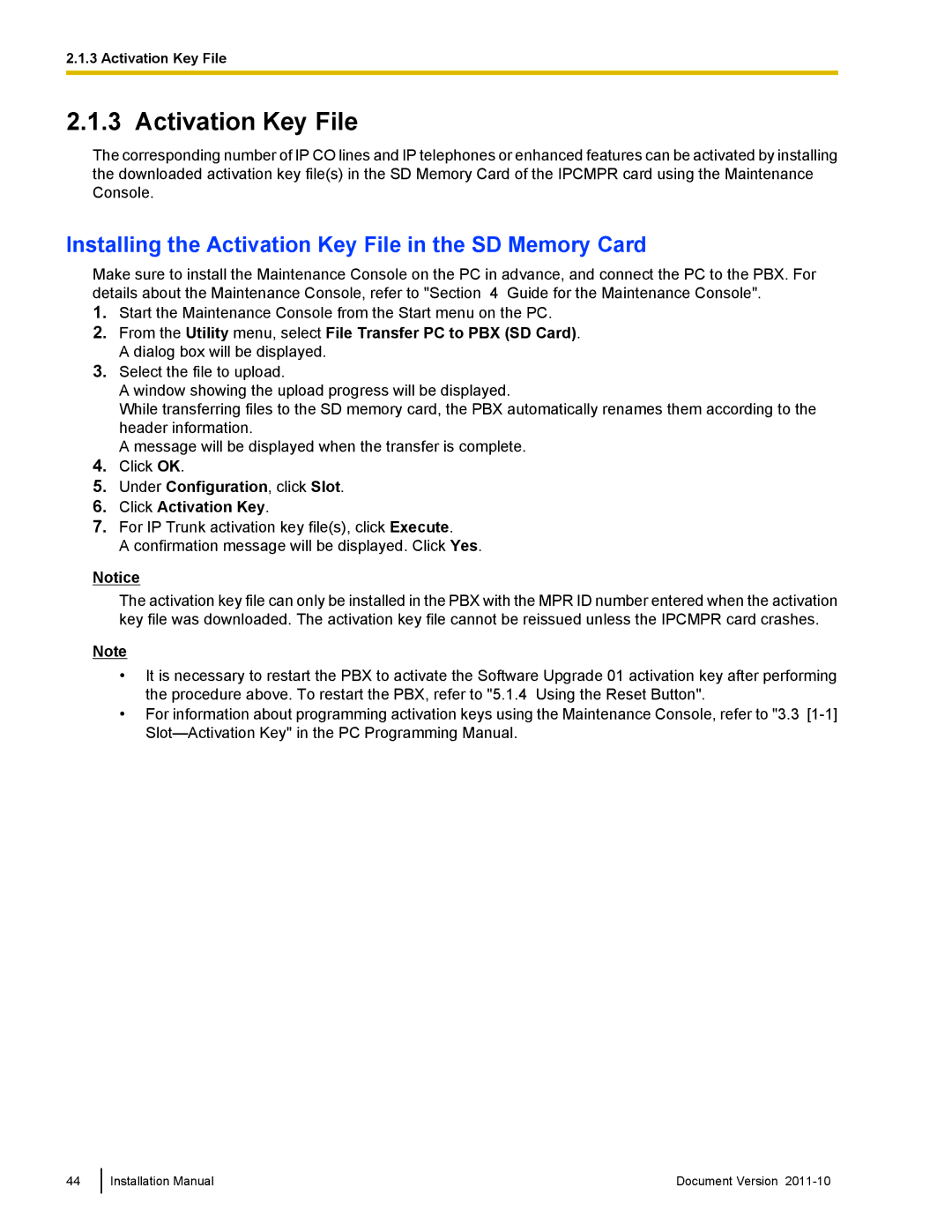 Panasonic KX-NCP500, KX-NCP1000 installation manual Installing the Activation Key File in the SD Memory Card 