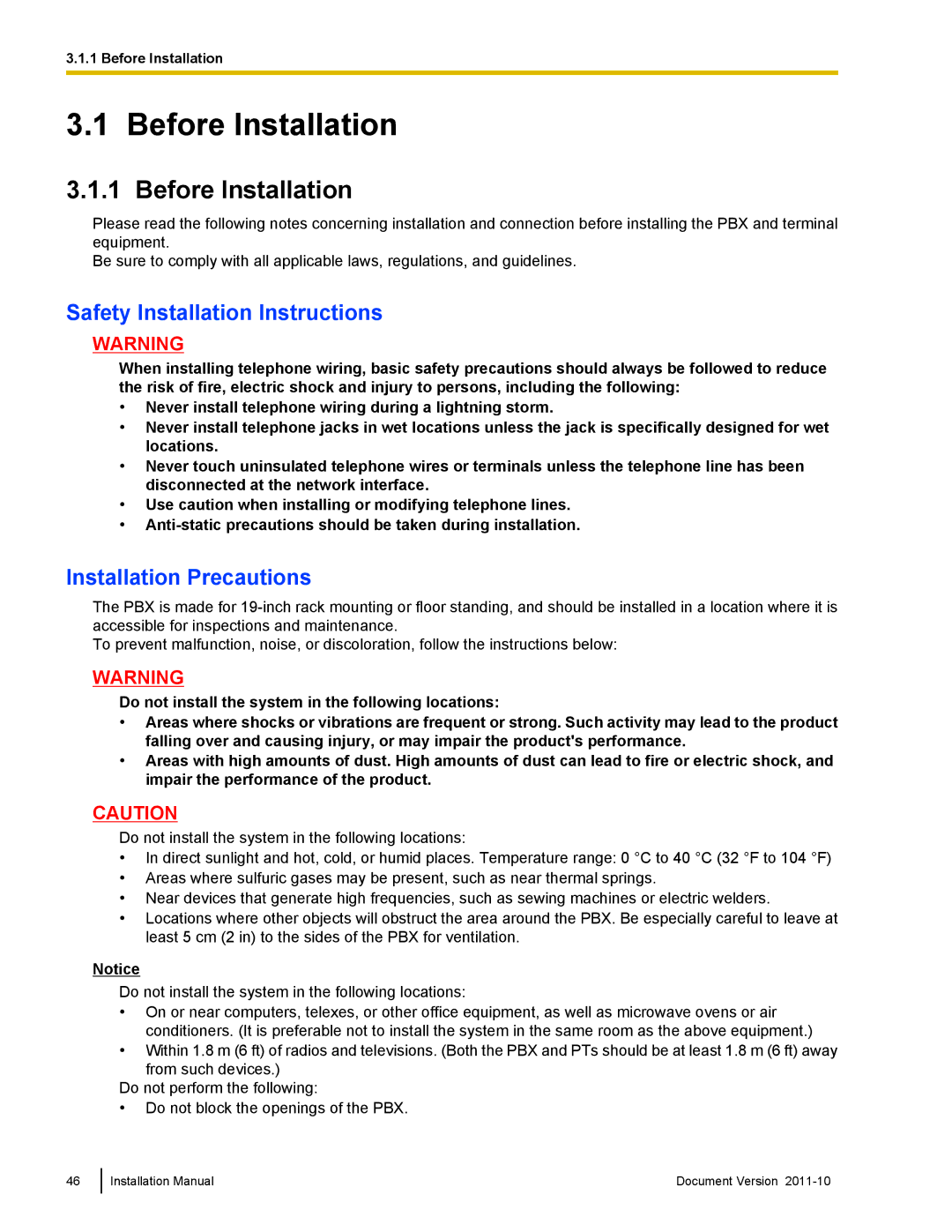 Panasonic KX-NCP500, KX-NCP1000 Before Installation, Safety Installation Instructions, Installation Precautions 