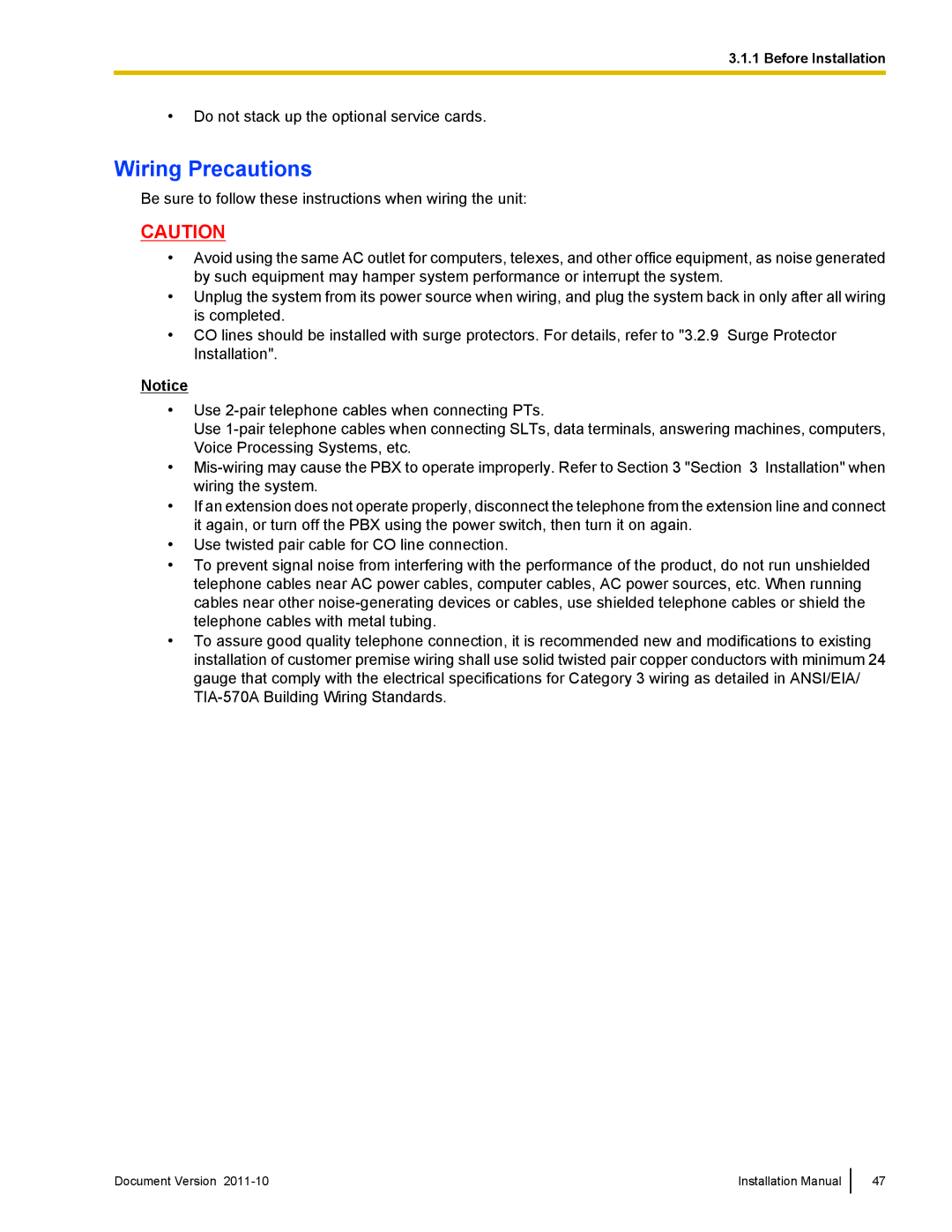 Panasonic KX-NCP1000, KX-NCP500 installation manual Wiring Precautions 