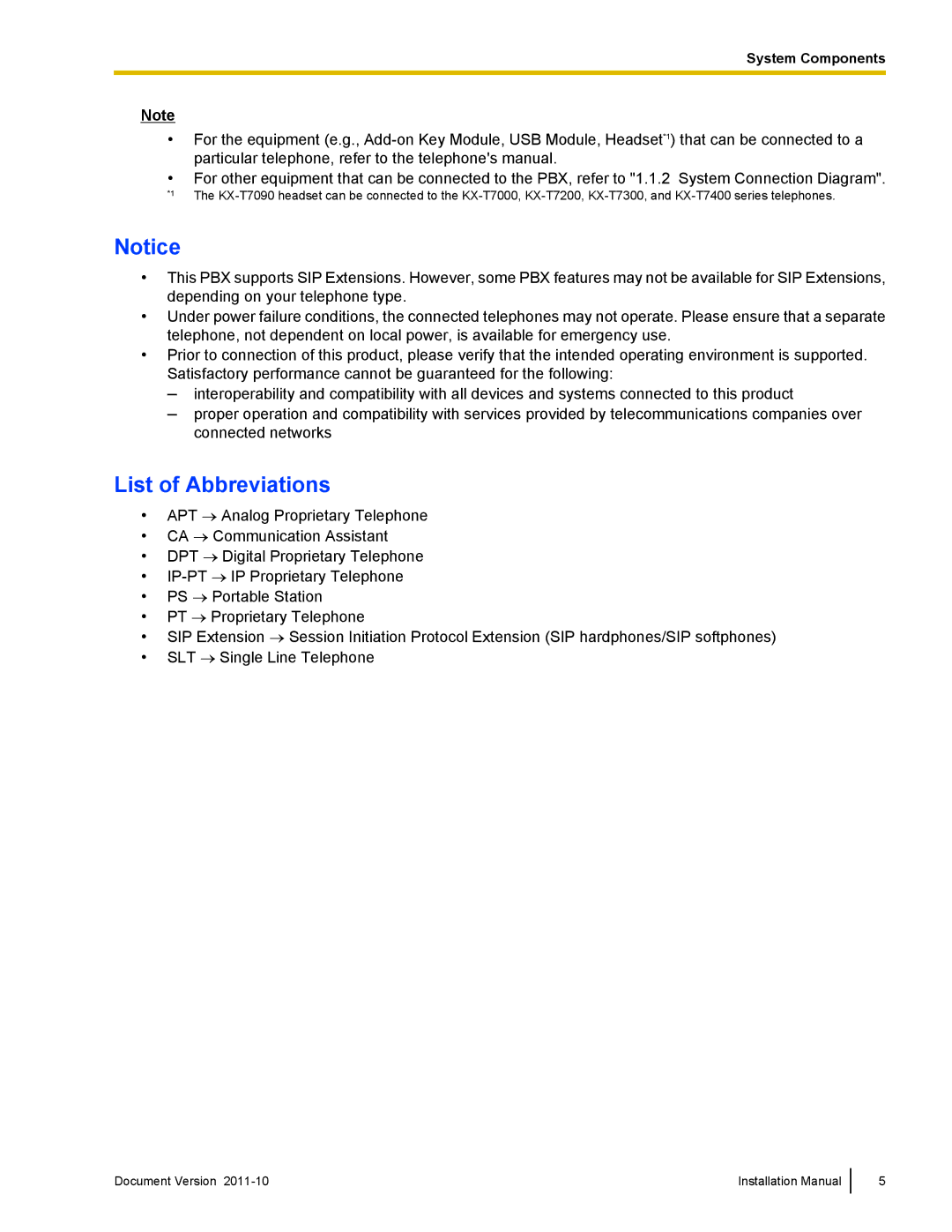 Panasonic KX-NCP1000, KX-NCP500 installation manual List of Abbreviations 