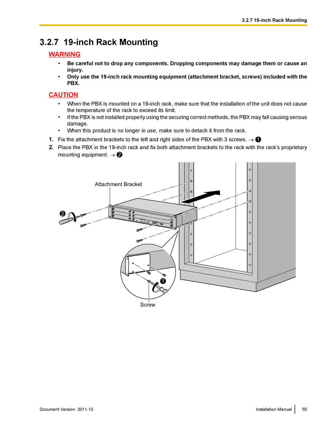 Panasonic KX-NCP1000, KX-NCP500 installation manual 7 19-inch Rack Mounting 