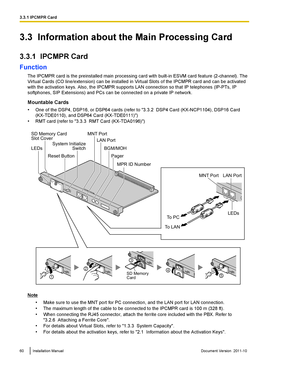 Panasonic KX-NCP500, KX-NCP1000 Information about the Main Processing Card, Ipcmpr Card, Function, Mountable Cards 