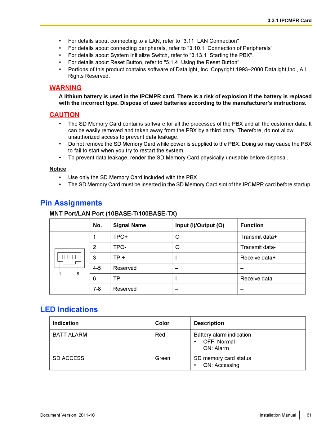 Panasonic KX-NCP1000, KX-NCP500 installation manual Pin Assignments, LED Indications, MNT Port/LAN Port 10BASE-T/100BASE-TX 