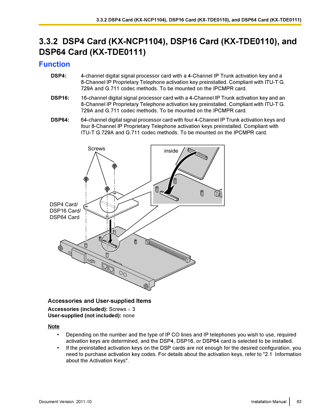 Panasonic KX-NCP1000, KX-NCP500 installation manual Function, Accessories and User-supplied Items 