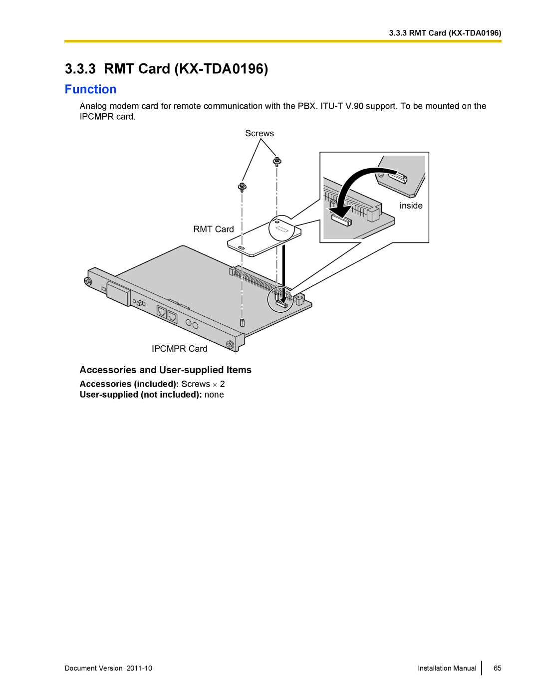 Panasonic KX-NCP1000, KX-NCP500 installation manual RMT Card KX-TDA0196 