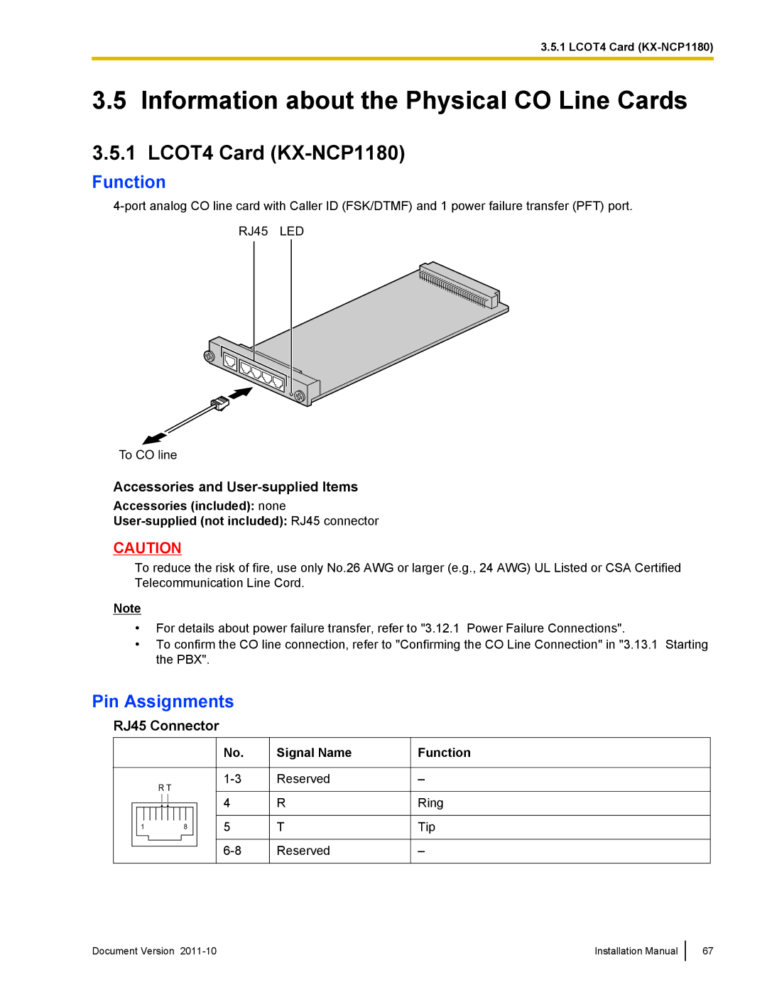 Panasonic KX-NCP1000, KX-NCP500 Information about the Physical CO Line Cards, LCOT4 Card KX-NCP1180, RJ45 Connector 