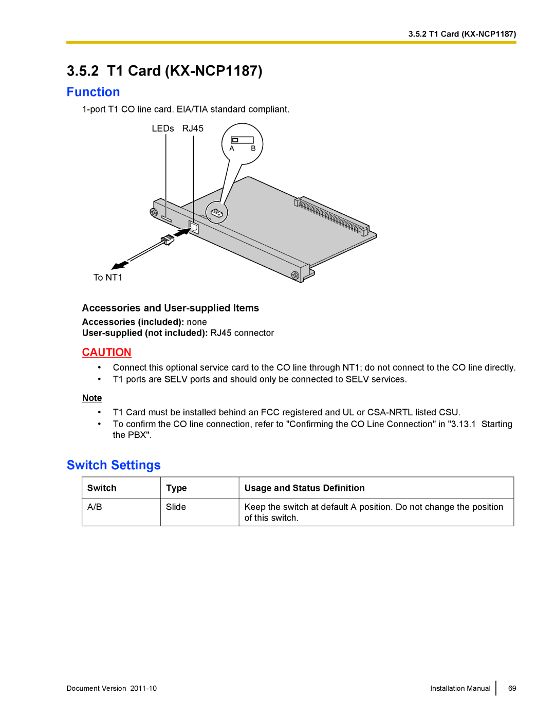 Panasonic KX-NCP1000, KX-NCP500 2 T1 Card KX-NCP1187, Switch Settings, Switch Type, Usage and Status Definition 